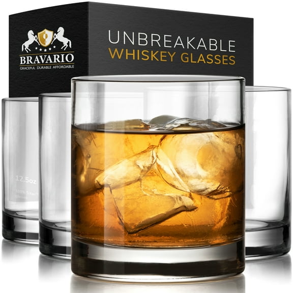 Bravario Unbreakable Plastic Whiskey Glasses, 12.5 oz Tritan Old Fashioned Rocks, Set of 4