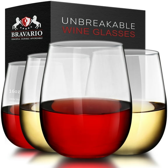 Bravario Unbreakable Plastic Wine Glasses, 16 oz BPA-Free Stemless Tritan Tumbler, Set of 4