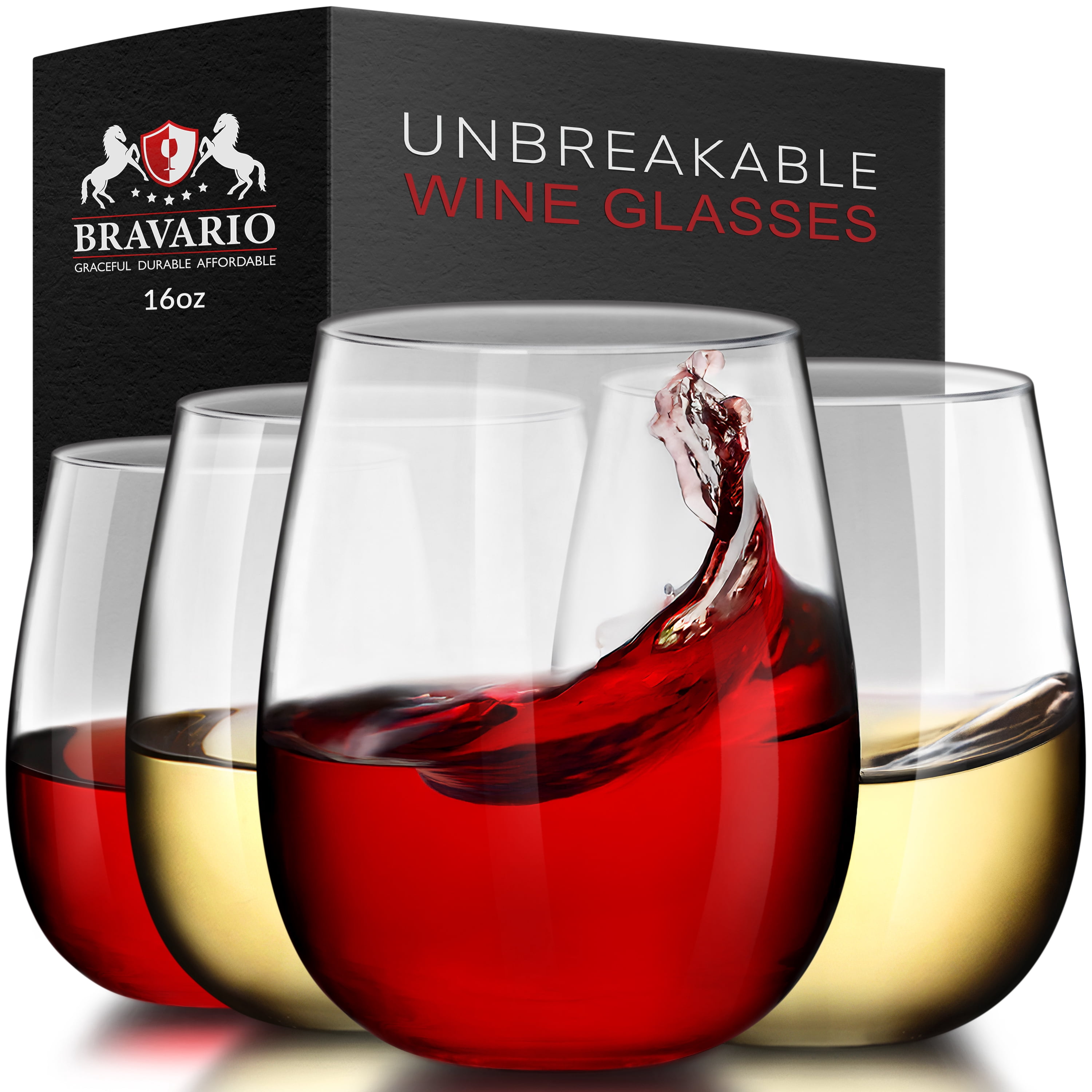 Bravario Plastic Wine Glasses Glassware Set of 4, 16 oz Unbreakable Stemless BPA-Free Tritan