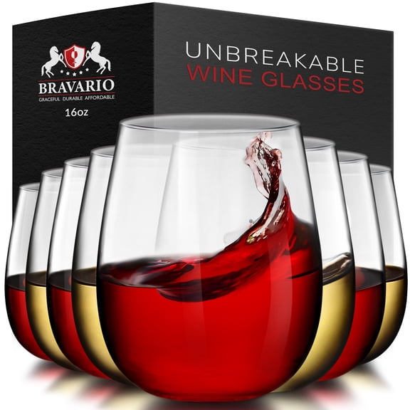 Bravario Plastic Wine Glasses Glassware Set of 8, 16 oz Unbreakable Stemless BPA-Free Tritan
