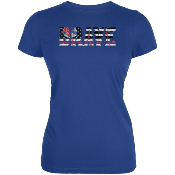 Brave EMT Firefighter Thin Red Blue Line Flag Juniors Soft T Shirt Royal SM
