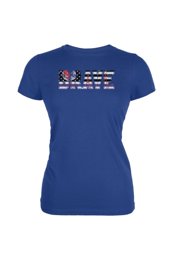 Brave EMT Firefighter Thin Red Blue Line Flag Juniors Soft T Shirt Royal SM