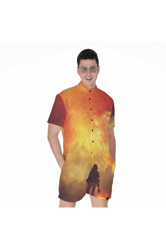 Brave Firefighter With Axe Short Sleeve Men'S Rompers, Fireman Firefighter Gifts Casual Summer Jumpsuits Outfit