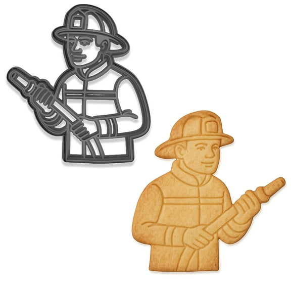 Brave Fireman Cookie Cutter - 4x3.59" First Responder Theme, Firefighter with Hose Design (Random Color)