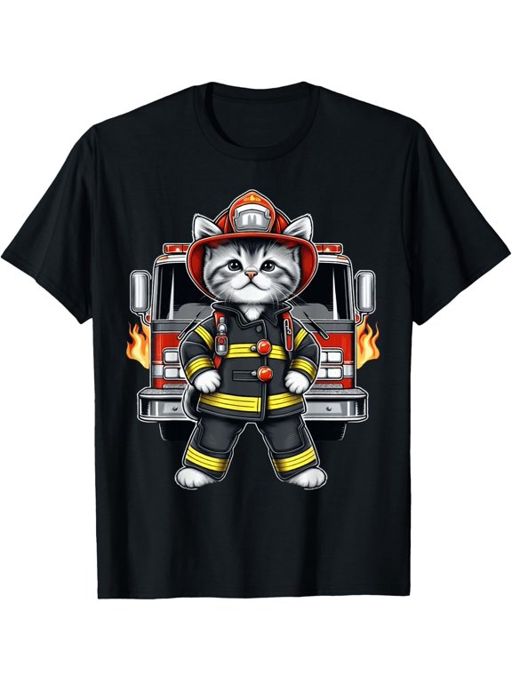 Brave Kitten Firefighter Cute Heroic Cat Adorable Firetruck T-Shirt