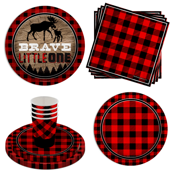Brave Little One with Buffalo Plaid Baby Boys 1st Birthday Party Supplies - Moose Party Supplies 64 Piece Tableware Set Includes Large 9" Paper Plates Dessert Plates, Cups and Napkins Kit for 16