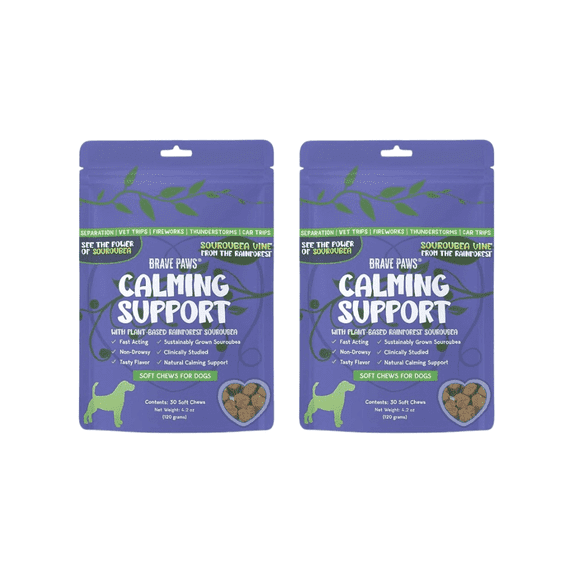 Brave Paws Calming Chews for Dogs & Puppies, 2-Pack | 60 Chews Total | Natural Anxiety Relief for Thunderstorms & Fireworks
