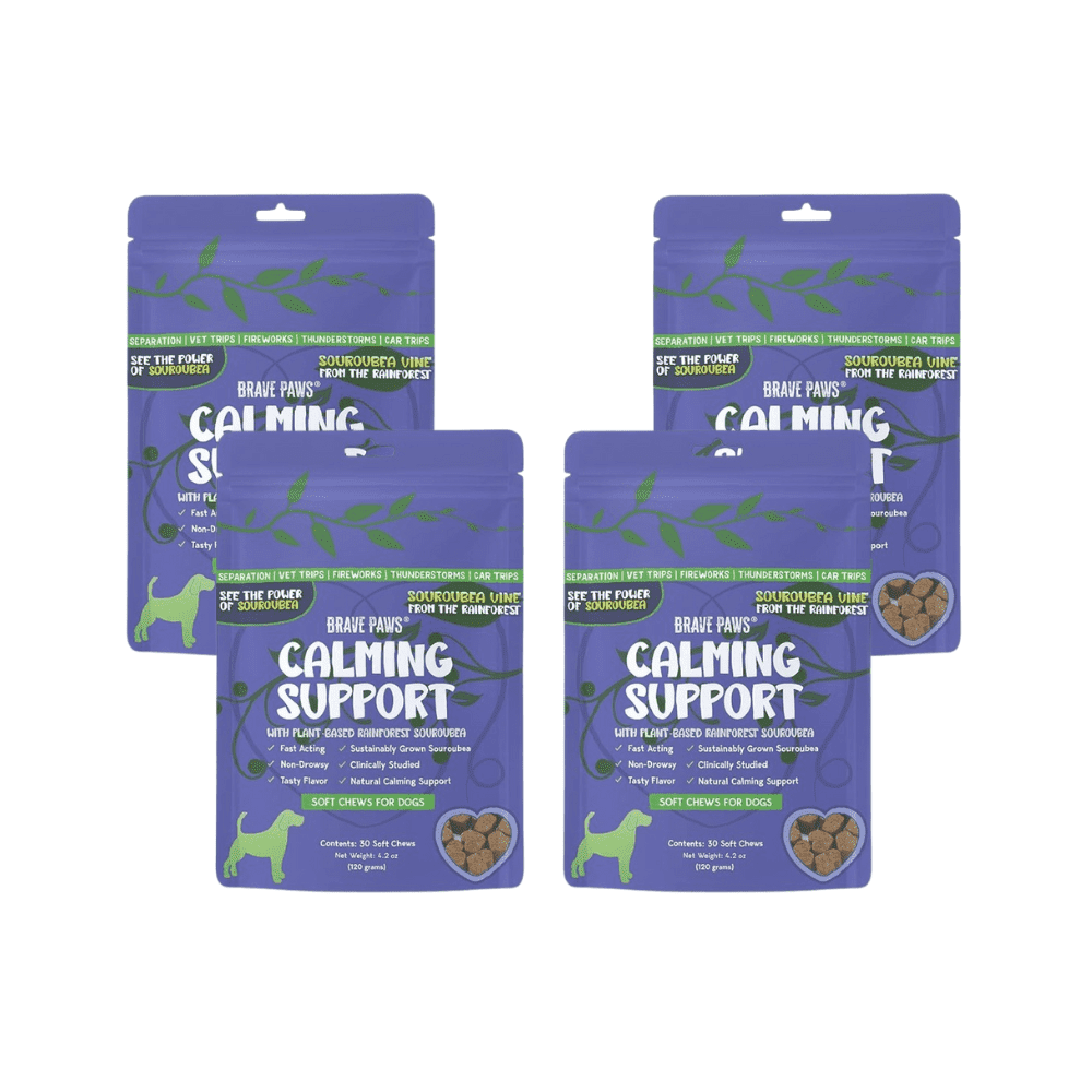 Brave Paws Calming Chews for Dogs & Puppies, 4-Pack | 120 Chews Total | Natural Anxiety Relief for Thunderstorms & Fireworks