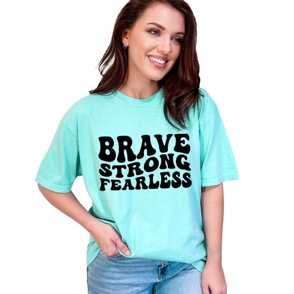 Brave, Strong, Fearless Quote, Groovy Retro Wavy Text, Chalky Mint Comfort Colors T-Shirt, Small