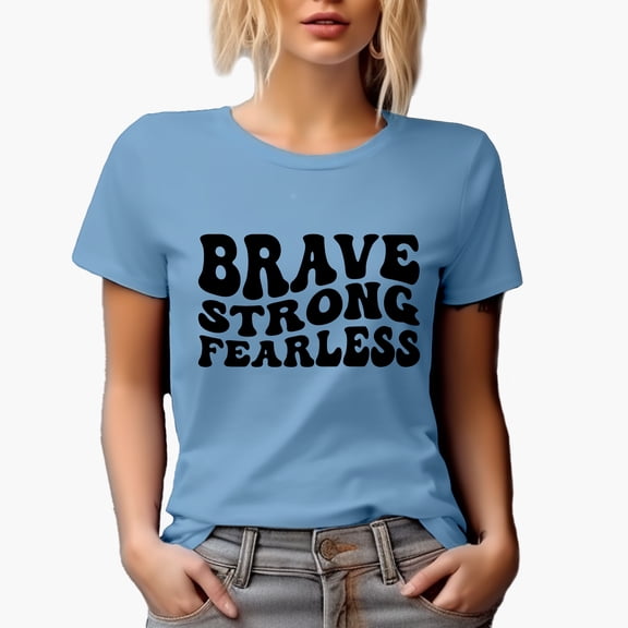 Brave, Strong, Fearless Quote, Groovy Retro Wavy Text Merch Gift, Baby Blue T-Shirt, Large