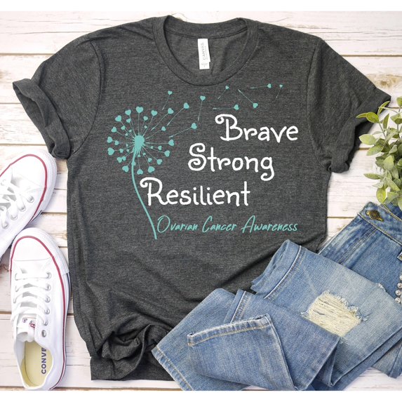 Brave Strong Resilient Ovarian Cancer Awareness Dandelion Graphic T-Shirt, Unisex Classic Fit, Cotton-Rich, 180 GSM