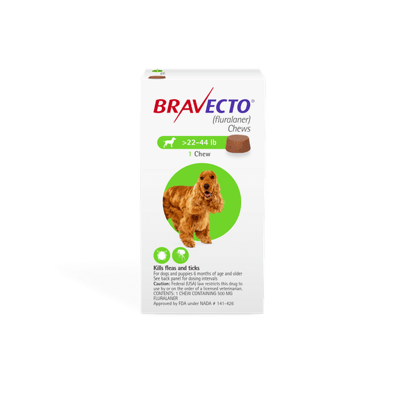 Bravecto Flea and Tick Chews for Dogs, 22-44 lbs, (Green Box)