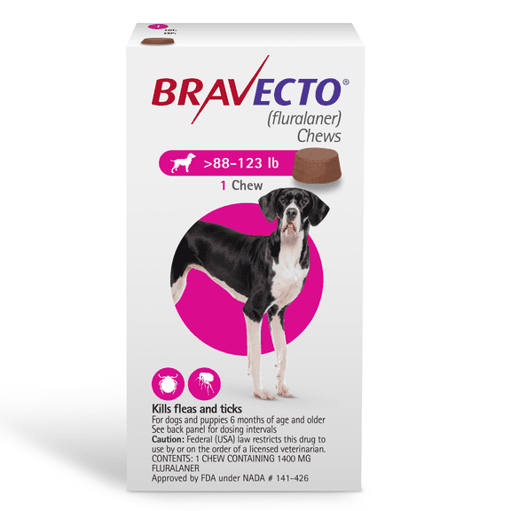 (2 pack) Bravecto Flea and Tick Chews for Dogs, 88-123 lbs, (Pink Box)