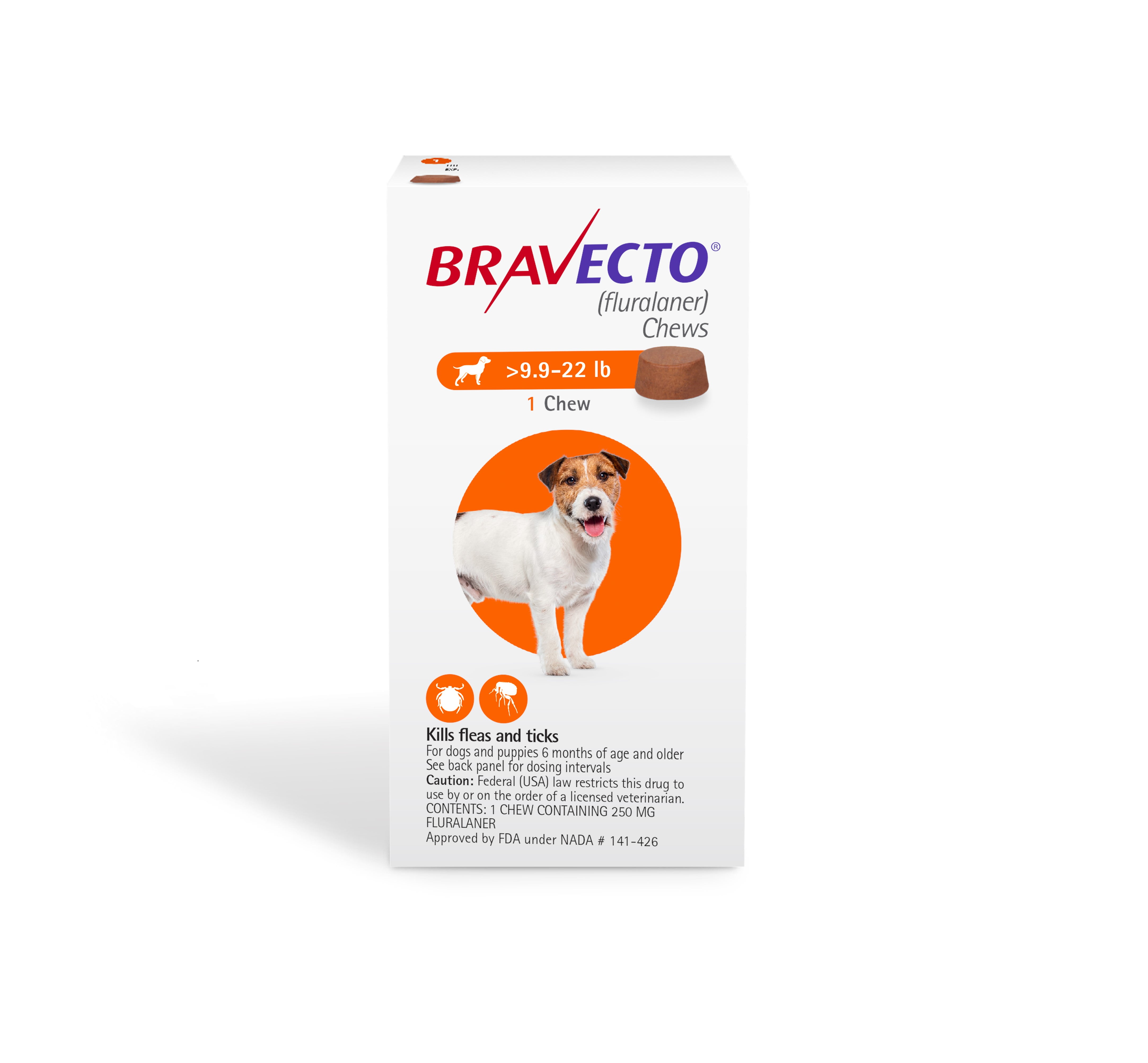 Bravecto Flea and Tick Chews for Dogs, 9.9-22 lbs, (Orange Box)