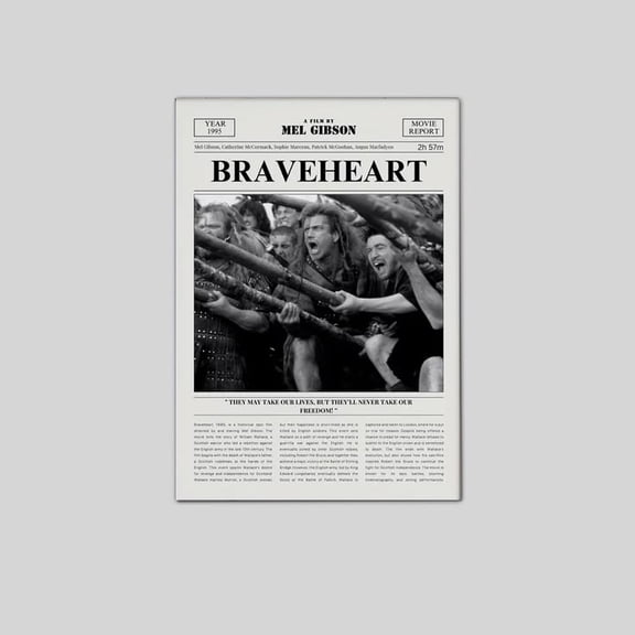 Braveheart Movie 1995 Mel Gibson, Retro Newspaper Film Print Poster size 24''x36'' The Orange Shop