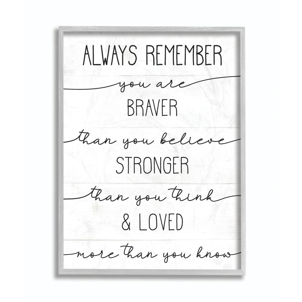 Braver Stronger Loved Family Inspirational Word Design Gray Farmhouse Rustic Oversized Framed Giclee Texturized Art by Daphne Polselli
