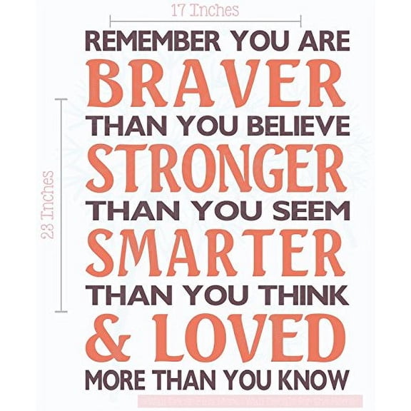 Braver Than You Believe Stronger Than You Seem Family Wall Decals Vinyl Lettering Stickers Inspirational Quote 17x23-Inch Eggplant/Coral