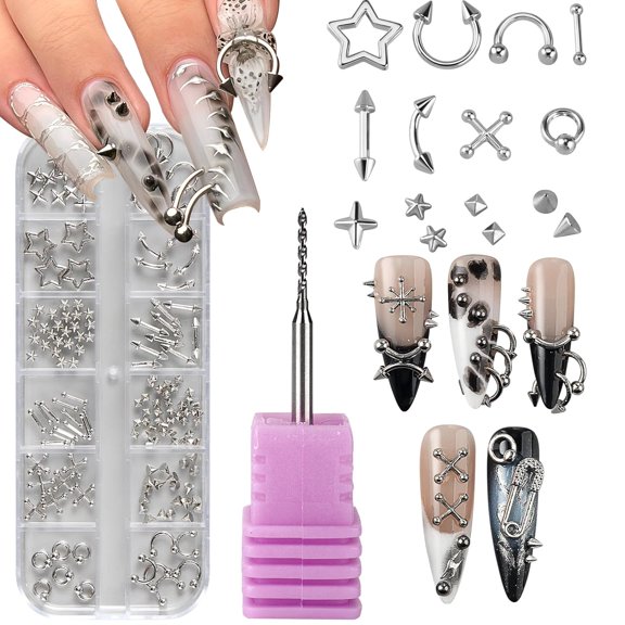 Bravizvy Nail Charms Punk Nail Jewelry kit with Stainless Steel Nail Piercing Drill Bit 3D Metal Silver Rivet Gothic Stars Studs Spikes Manicure Supplies Accessories