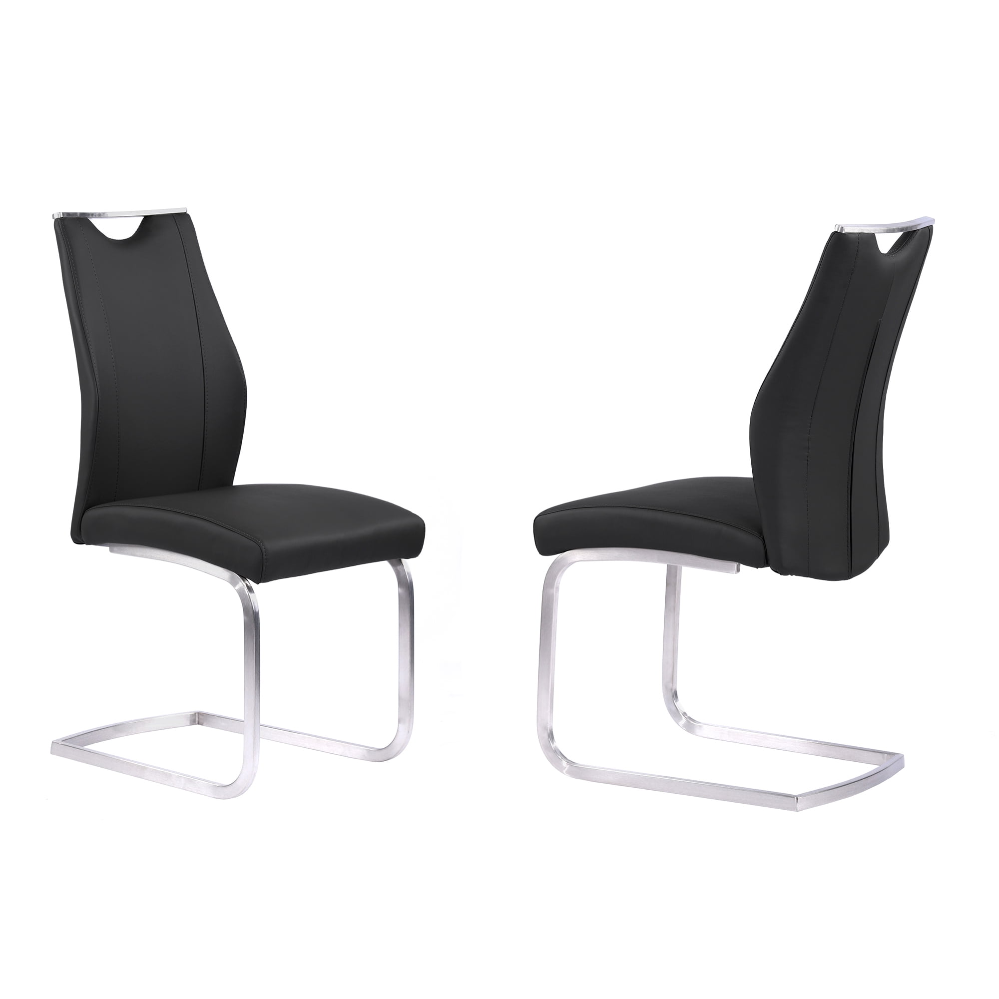 Bravo Contemporary Dining Chair In Black Faux Leather and Brushed Stainless Steel Finish - Set of 2
