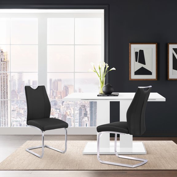 Bravo Contemporary Dining Chair In Black Faux Leather and Brushed Stainless Steel Finish - Set of 2