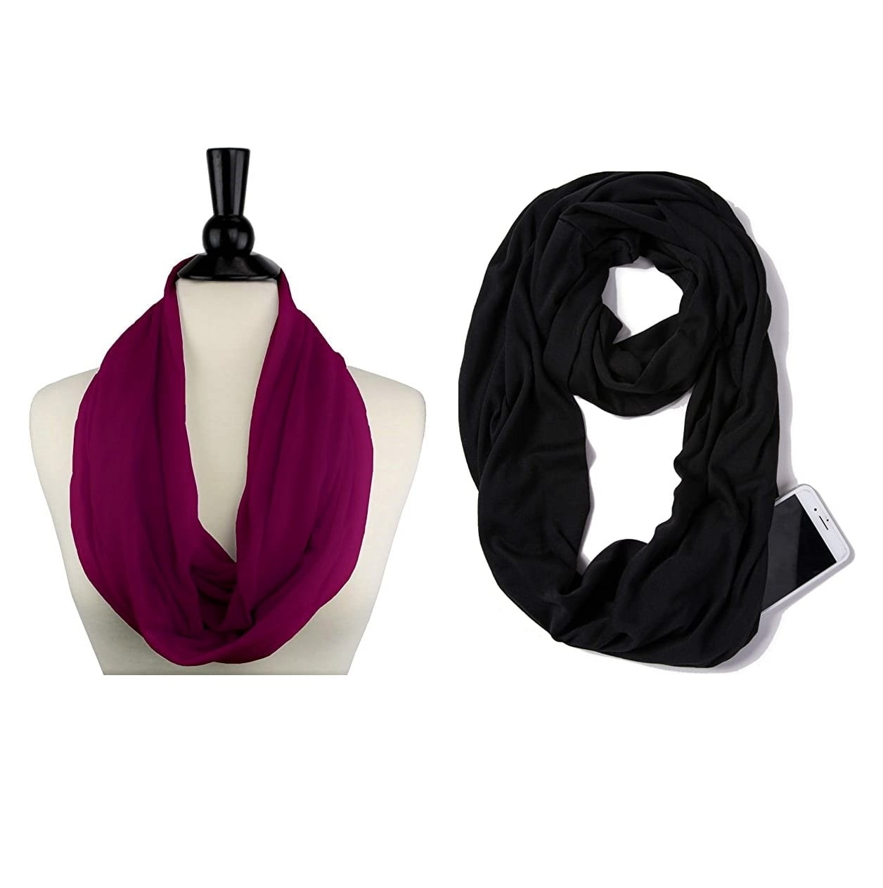 Bravo Infinity Scarf with Hidden Pocket Soft Warm Wine Red and Black Velvet