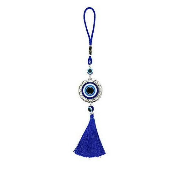 Bravo Team Resin Evil Eye Hanging Charm Pendant For Good Luck And Protection, Comes With Traditional Blue And White Colors With Matching Tassels And Cord For Hanging In Cars Or On Walls And Bags