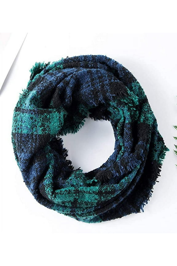 Women Tartan Plaid Infinity Wrap Scarf Winter Knit Loop Scarf Blue Green
