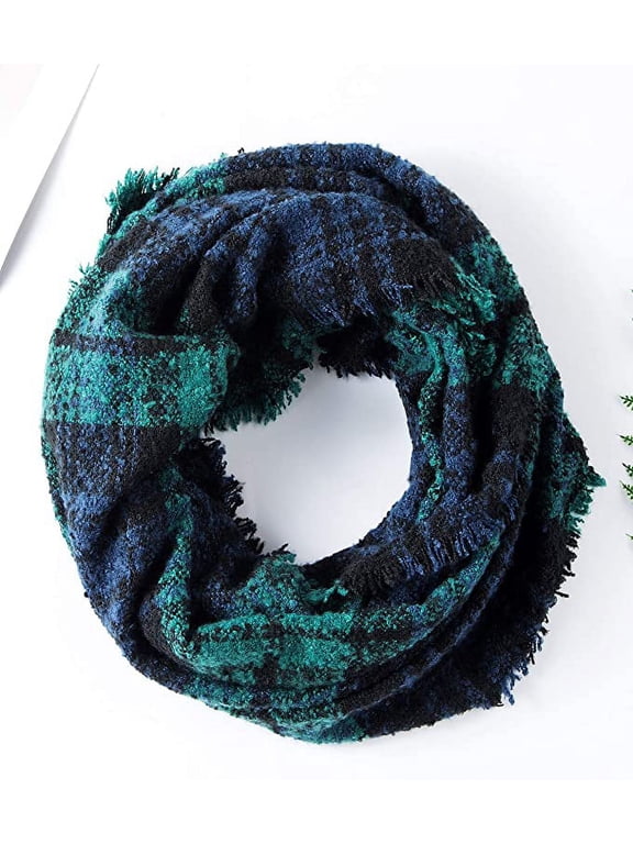 Women Tartan Plaid Infinity Wrap Scarf Winter Knit Loop Scarf Blue Green