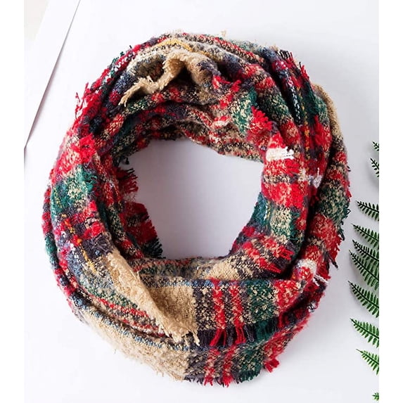 Bravo! Women Tartan Plaid Infinity Wrap Scarf Winter Knit Loop Scarf Khaki