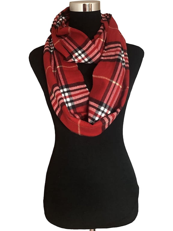 Women Tartan Plaid Infinity Wrap Scarf With Pocket Winter Knit Loop Scarf Red