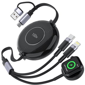 Bravoul 100W Retractable 5in1 Multi Charging Cable, Fast Charging & Data Transfer Cord for Apple Watch, iPhone, Android, Laptops, Black