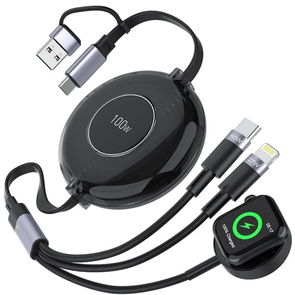 Bravoul 100W Multi Charging Cable 5 in 1 Retractable Compatible with Apple Watch,Smartphones and Multi Type Devices(Black)
