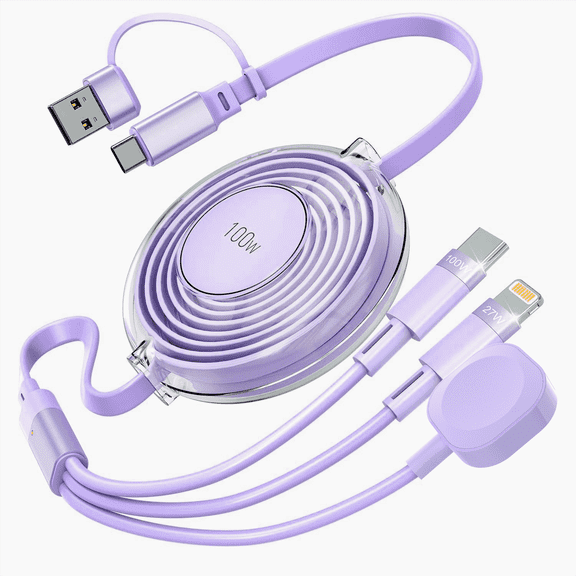 Bravoul 100W Multi Charging Cable 5 in 1 Retractable Compatible With Apple iWatch,Smartphones And Multi Type Devices(Purple)