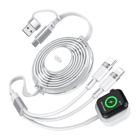 Bravoul 100W Multi Charging Cable 5 in 1 Retractable Compatible with Apple Watch, Smartphones and Multi Type Devices(White)