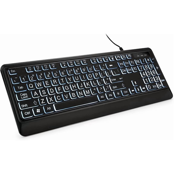 Bravoul Large Print Backlit Computer Keyboard USB Wiredwith White Illuminated LED Compatible for Windows Desktop, Laptop, PC, Gaming, Black