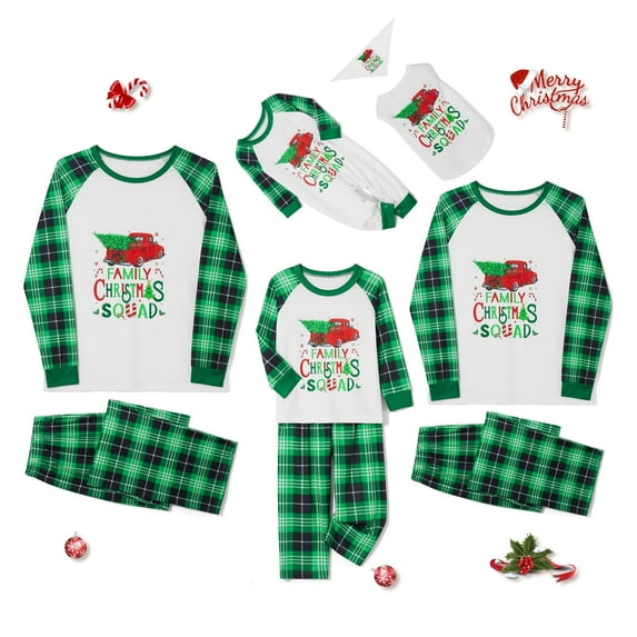 Bravoy Christmas Family Pajamas Matching Set Truck Print Long Sleeve Tops and Plaid Pants Loungewear Soft Sleepwear