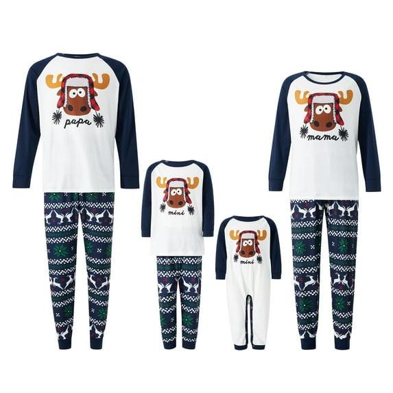 Bravoy Christmas Matching Family Pajamas Long Sleeve Round Neck Elk Print Tops+ Trousers Suit/ Infants Romper