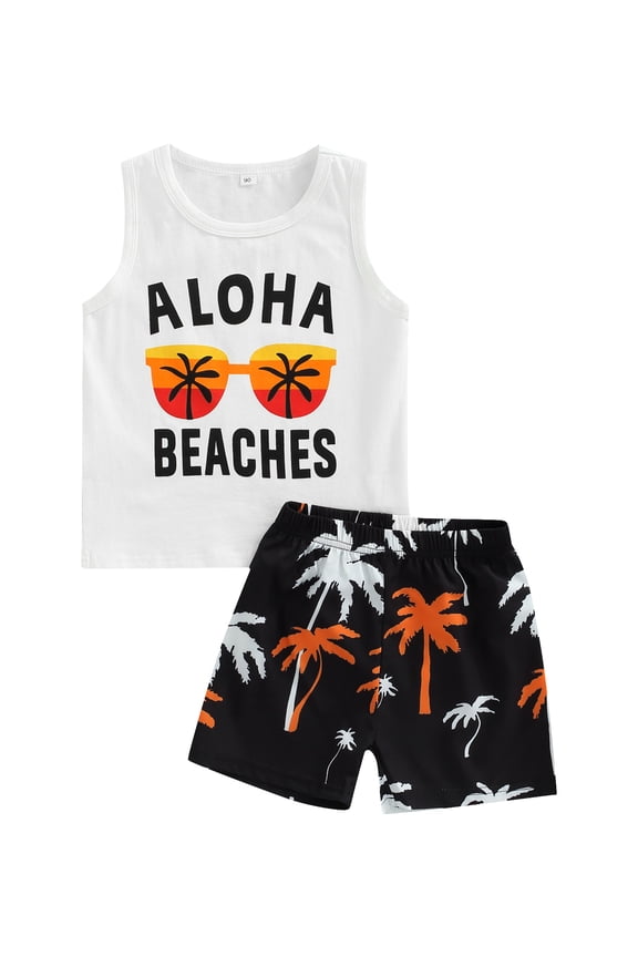 Kid Toddler Boys Summer Clothes Set 12 18 24 Months 2T 3T 4T 5T Letter Glasses Sleeveless Vest Tops + Tree Printed High Waist Breeches Suit