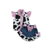 Bravoy Kids Girl Summer Outfits Cow Print Turn-Down Collar Fly Sleeve Tops Bow Denim Shorts with Belt 2Pcs Clothes Set