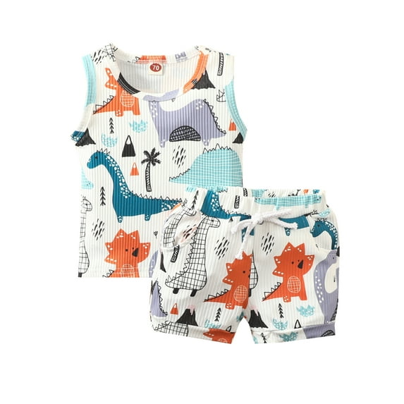 Bravoy Toddler Baby Boys Summer Clothes Outfits 3 6 12 18 24 Months 2T 3T Dinosaur Print Crew Neck Sleeveless Tank Tops and Elastic Waist Shorts 2Pcs Suit