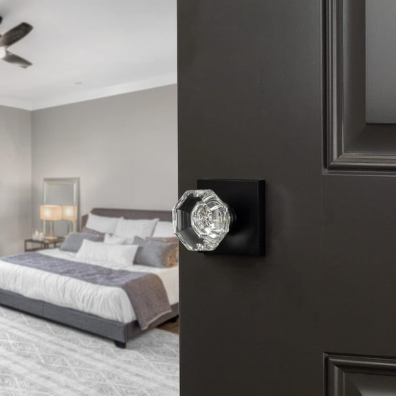 Bravura Hardware 925 Bancroft Knob Passage Lockset with Modern Square Trim Crystal Door Knob for Hallway/Closet, Matte Black