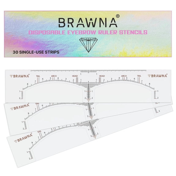 Brawna Eyebrow Ruler Stencil - 30 Pcs Clear Adhesive Shaping, Henna Tinting and Microblading Kit - Disposable Extensions Shaper Tool for Women - Supplies