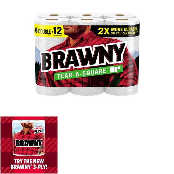 Brawny 444985 Tear-A-Square Paper Towels, 6 Double Rolls with 100 Sheets Each, 3 Sheet Sizes for Kitchen, Bathroom, and Mess Cleanup