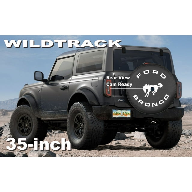 Brawny Bronco - 35-in w/Camera - US Made SpareCover® - White Print with black trim - Brawny Series - Heavy Vinyl Denim Texture - High Endurance Spare Tire Cover