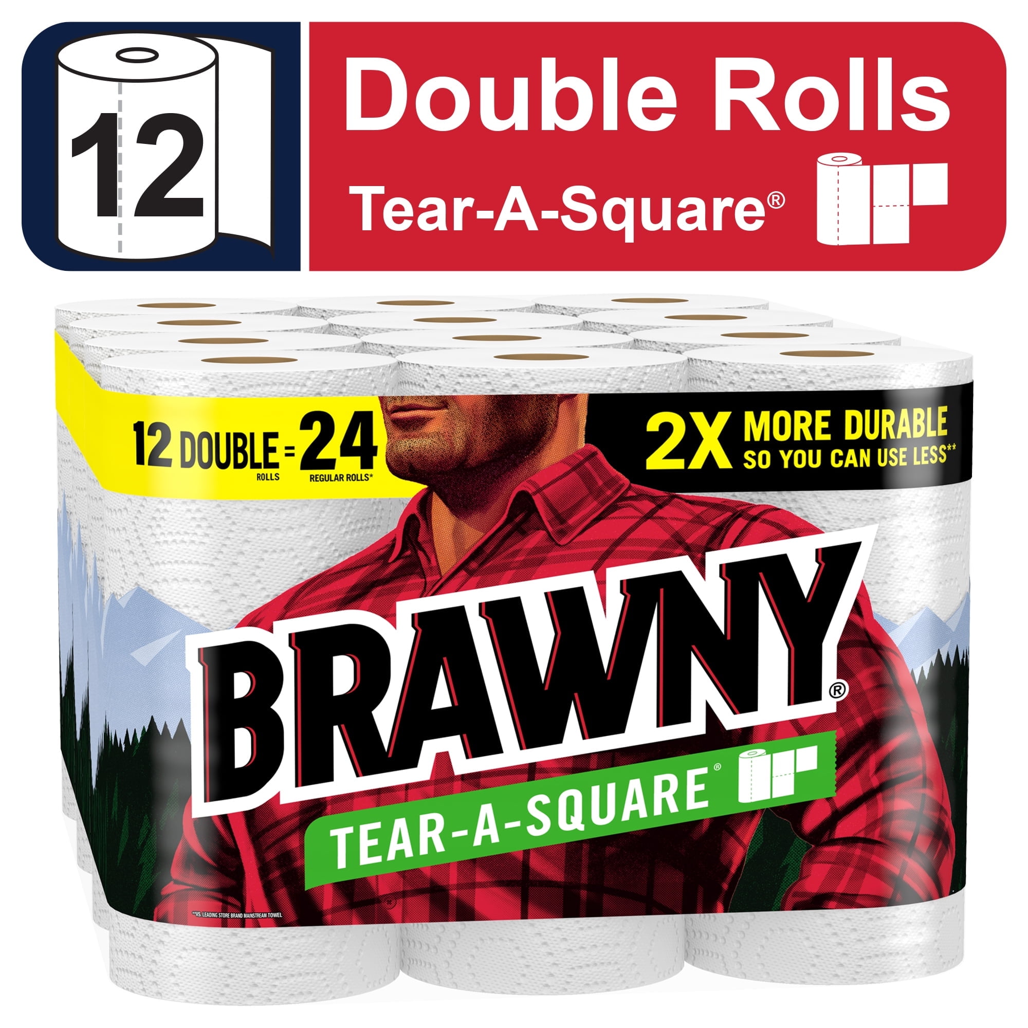 Brawny Tear-A-Square Paper Towels, 12 Double Rolls, 3 Sheet Sizes ...