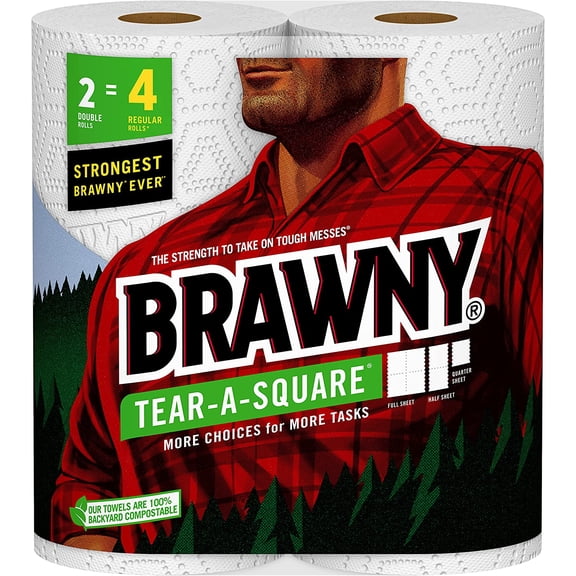 Brawny Tear-A-Square Paper Towels, 2 Double Rolls = 4 Regular Rolls