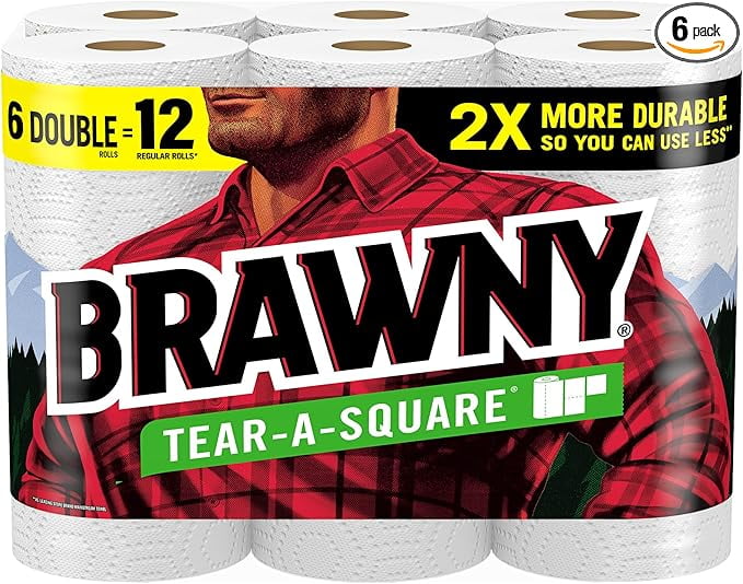 Brawny Tear-A-Square Paper Towels, 6 Double Rolls = 12 Regular Rolls, 3 Sheet Sizes (Quarter, Half, Full), Strength for All Messes, Cleanups, and Meal Prep
