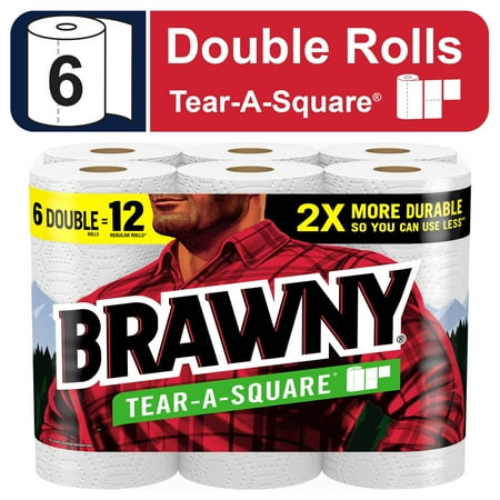 Brawny Tear-A-Square Paper Towels, 6 Double Rolls, 3 Sheet Sizes, Strong Paper Towel (2 Pack)