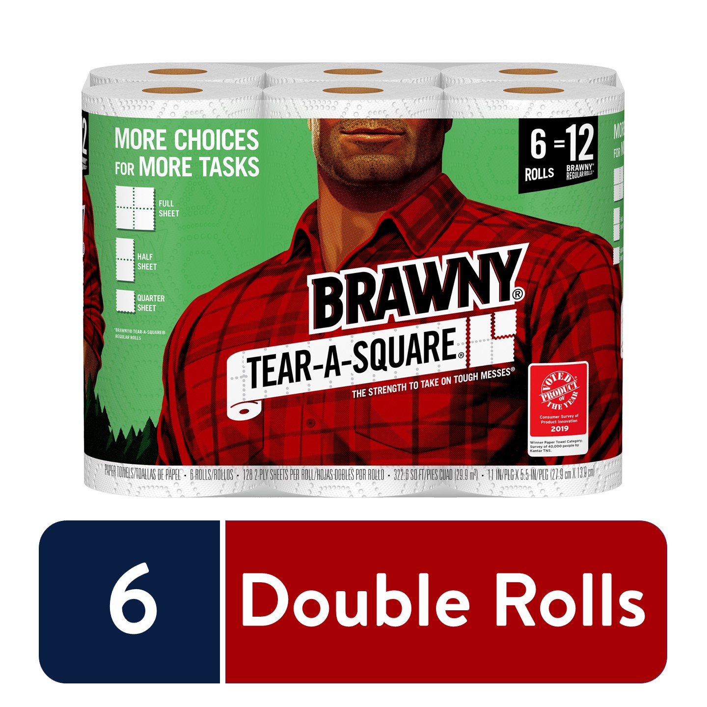 Brawny Tear-A-Square Paper Towels, 6 Double Rolls - image 1 of 12