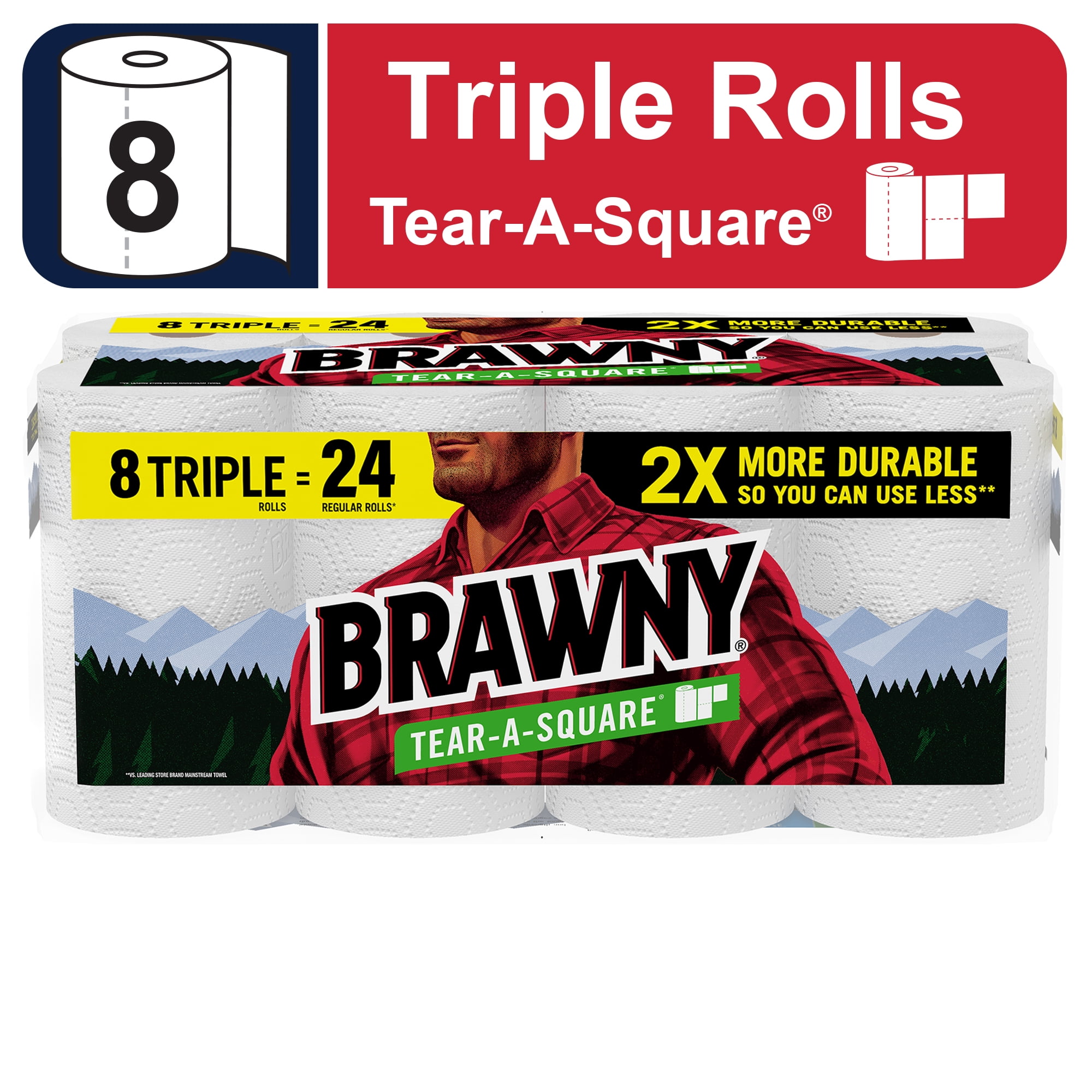 Brawny TearASquare Paper Towels, 8 Triple Rolls, 3 Sheet Sizes, Strong Paper Towel